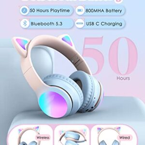 Bluetooth Headphones for Kids, Kid Odessey Cat Ears Wireless Kids Headphones, Bluetooth 5.3, 50H Playtime, 84/94dB Volume Limited, Colorful LED Lights, Built-in Mic Over-Ear Headsets for iPad/Tablet
