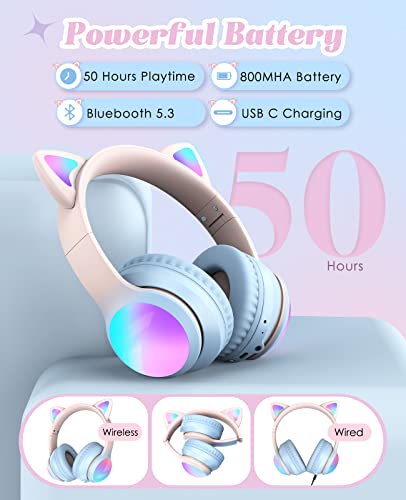 Bluetooth Headphones for Kids, Kid Odessey Cat Ears Wireless Kids Headphones, Bluetooth 5.3, 50H Playtime, 84/94dB Volume Limited, Colorful LED Lights, Built-in Mic Over-Ear Headsets for iPad/Tablet