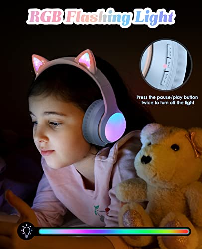 Bluetooth Headphones for Kids, Kid Odessey Cat Ears Wireless Kids Headphones, Bluetooth 5.3, 50H Playtime, 84/94dB Volume Limited, Colorful LED Lights, Built-in Mic Over-Ear Headsets for iPad/Tablet