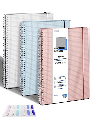 OWSC 3 Pack Graph Notebook, 8.5 x 11 Inches Spiral Notebooks for Work, School and Journal with 110 GSM Graph Paper, Large Notebook with 80 Sheets/160 Pages, Hardcover Grid Paper Notebook