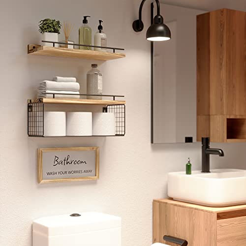 WOPITUES Floating Shelves with Bathroom Wall Décor Sign, Wood Floating Bathroom Shelves Over Toilet with Toilet Paper Storage Basket Set of 3, Floating Shelf with Guardrail for Wall Décor–Light Brown