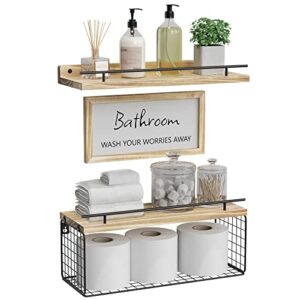 wopitues floating shelves with bathroom wall décor sign, wood floating bathroom shelves over toilet with toilet paper storage basket set of 3, floating shelf with guardrail for wall décor–light brown