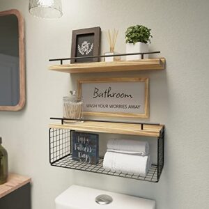 WOPITUES Floating Shelves with Bathroom Wall Décor Sign, Wood Floating Bathroom Shelves Over Toilet with Toilet Paper Storage Basket Set of 3, Floating Shelf with Guardrail for Wall Décor–Light Brown