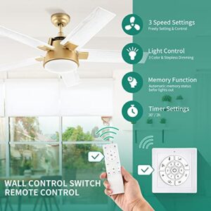 YITAHOME Ceiling Fan with Light and Wall Switch Remote, 52 Inch Modern Gold White Fan, Quiet Reversible Motor, Dimmable LED Color, Memory Function for Bedroom Living Room Patio Indoor Outdoor