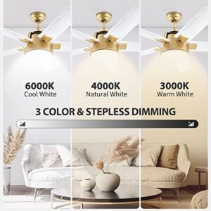 YITAHOME Ceiling Fan with Light and Wall Switch Remote, 52 Inch Modern Gold White Fan, Quiet Reversible Motor, Dimmable LED Color, Memory Function for Bedroom Living Room Patio Indoor Outdoor