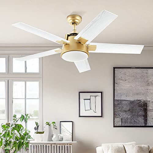 YITAHOME Ceiling Fan with Light and Wall Switch Remote, 52 Inch Modern Gold White Fan, Quiet Reversible Motor, Dimmable LED Color, Memory Function for Bedroom Living Room Patio Indoor Outdoor