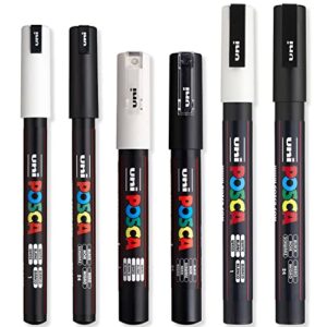 posca - ultra fine to fine paint marker pens set - pc-1mr, pc-1m, pc-3m - white & black ink - pack of 6