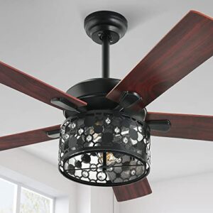 yitahome ceiling fans with light and wall switch remote, 52 inch modern farmhouse outdoor fan with 2 bulbs, clear crystal glass, quiet reversible motor, for bedroom patio indoor, black & walnut