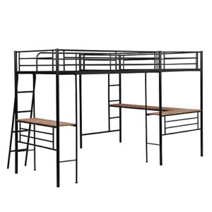 L-Shape Loft Beds with Two Desk Metal Double Twin Loft Beds Frame Heavy-Duty Black Corner Twin Size Lofts Bed for 2 Kids Girls Boys Teens