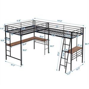 L-Shape Loft Beds with Two Desk Metal Double Twin Loft Beds Frame Heavy-Duty Black Corner Twin Size Lofts Bed for 2 Kids Girls Boys Teens