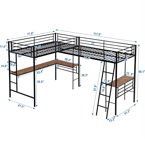 L-Shape Loft Beds with Two Desk Metal Double Twin Loft Beds Frame Heavy-Duty Black Corner Twin Size Lofts Bed for 2 Kids Girls Boys Teens