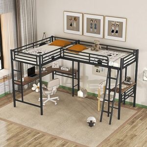 L-Shape Loft Beds with Two Desk Metal Double Twin Loft Beds Frame Heavy-Duty Black Corner Twin Size Lofts Bed for 2 Kids Girls Boys Teens