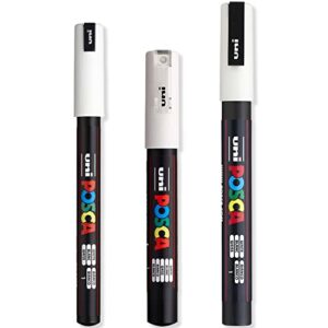 posca - ultra fine to fine paint marker pens set - pc-1mr, pc-1m, pc-3m - white ink - pack of 3