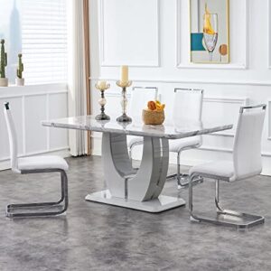 Pvillez 5 Pcs Dining Table Set, 63" Modern Grey Imitation Marble Grain Rectangular Dining Table & 4 C-Shaped Tube Chrome PU Faux Leather Upholstered White Dining Chairs for Dining Room Living Room