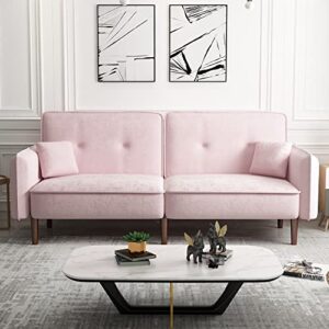 sofa bed, habittrio 75" modern pink fabric upholstered 3-seater sleeper couch with adjustable splict-back design, 2 side pockets, 2 toss pillows, fit for small living room, apartment
