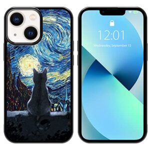 black cute cat iphone 13 mini case - 5.4 inch van gogh cute cat iphone case, non-slip pattern design and shock absorption, soft silica gel frame support black phone case for teen girls and sisters
