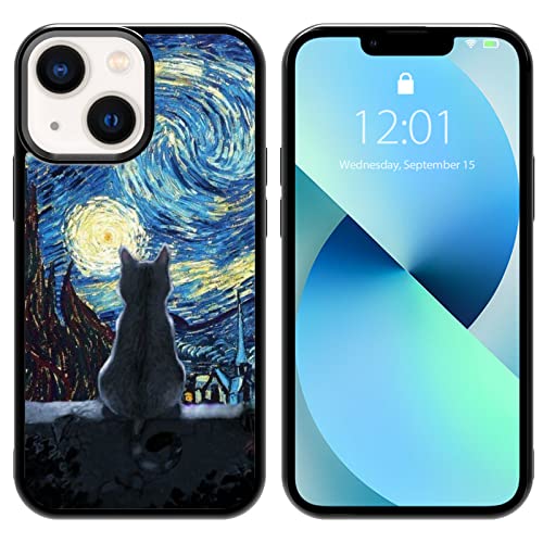 Black Cute Cat iPhone 13 Mini Case - 5.4 Inch Van Gogh Cute Cat iPhone Case, Non-Slip Pattern Design and Shock Absorption, Soft Silica Gel Frame Support Black Phone Case for Teen Girls and Sisters