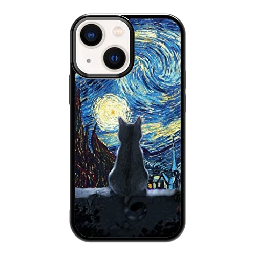 Black Cute Cat iPhone 13 Mini Case - 5.4 Inch Van Gogh Cute Cat iPhone Case, Non-Slip Pattern Design and Shock Absorption, Soft Silica Gel Frame Support Black Phone Case for Teen Girls and Sisters