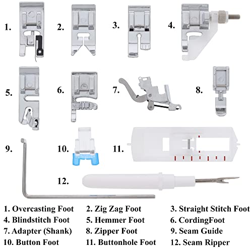 Sewable 12 Piece Presser Feet Set | Low Shank Snap On Sewing Machine Foot Set Fits Brother, Janome, Singer, Baby Lock, Kenmore, and Other Low Shank Machines