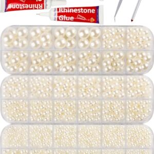 Worthofbest 3/4/5/6/8/10mm Ivory Flatback Pearls with Craft Glue, Flat Back Pearls Beads for Crafting, Round Half Back Pearls for Crafts DIY Makeup Nail Clothes Clothing Accessories Shoes Home Decor