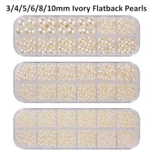 Worthofbest 3/4/5/6/8/10mm Ivory Flatback Pearls with Craft Glue, Flat Back Pearls Beads for Crafting, Round Half Back Pearls for Crafts DIY Makeup Nail Clothes Clothing Accessories Shoes Home Decor