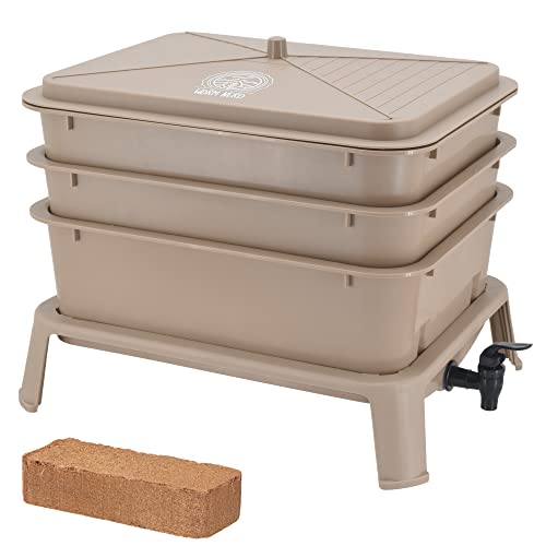 Worm Nerd WN53 4-Tray Worm Composting Bin Kit with Coco Coir Brick for Recycling Food Waste, Worm Castings, Worm Tea, Vermiculture and Vermicomposting, Tan