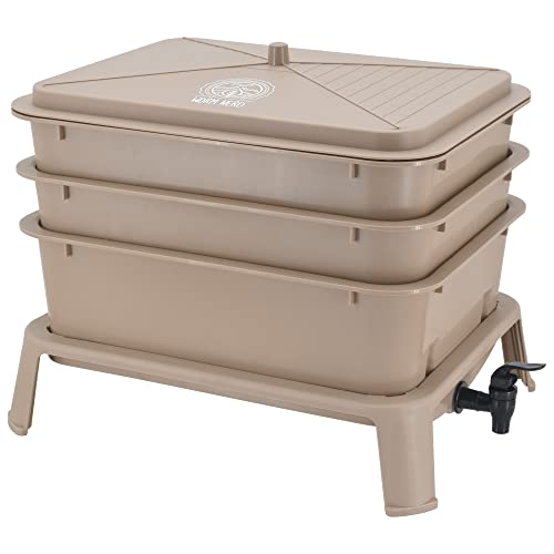 Worm Nerd WN53 4-Tray Worm Composting Bin Kit with Coco Coir Brick for Recycling Food Waste, Worm Castings, Worm Tea, Vermiculture and Vermicomposting, Tan