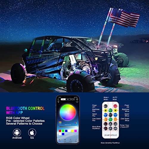 3FT-2PC LED Whip Lights for UTV RGB Chasing/Dancing Light Remote Control APP-Supported, 600+ Color Mode Combinations, RGB Chasing Lighted Antenna Whips for UTV, ATV, Truck, Dune Buggy