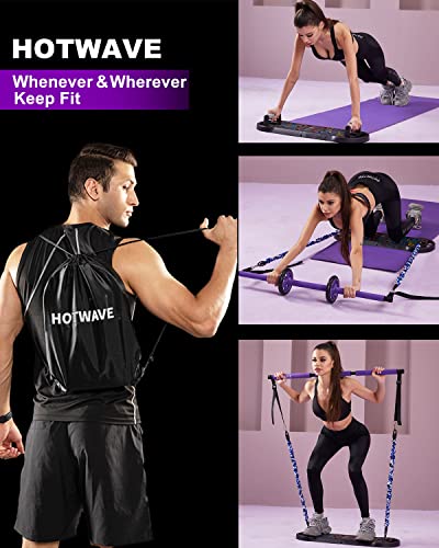 HOTWAVE Portable Home Gym with 16 Fitness Accessories,Pushups Board with Resistance Band,Ab Roller for Abs Workout,Pilates Bar Kit,All-in-One Exercise System for Man and Women