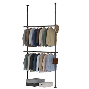 hosko floor to ceiling clothes rack, 2-tier adjustable clothing rack, heavy duty free-standing garment racks for hanging clothes, tension rod garment rack closet organizer system