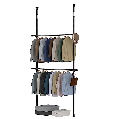 HOSKO Floor to Ceiling Clothes Rack, 2-Tier Adjustable Clothing Rack, Heavy Duty Free-Standing Garment Racks for Hanging Clothes, Tension Rod Garment Rack Closet Organizer System