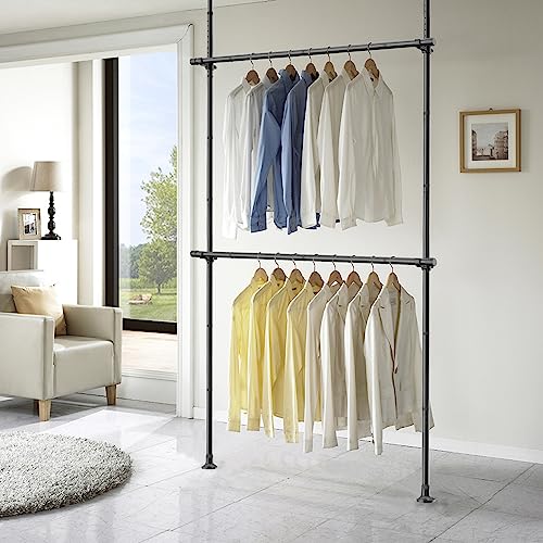 HOSKO Floor to Ceiling Clothes Rack, 2-Tier Adjustable Clothing Rack, Heavy Duty Free-Standing Garment Racks for Hanging Clothes, Tension Rod Garment Rack Closet Organizer System