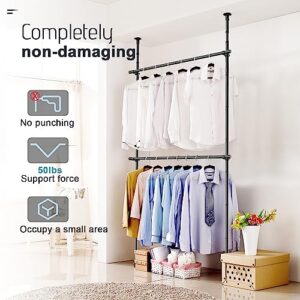 HOSKO Floor to Ceiling Clothes Rack, 2-Tier Adjustable Clothing Rack, Heavy Duty Free-Standing Garment Racks for Hanging Clothes, Tension Rod Garment Rack Closet Organizer System