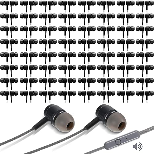 100 Packs Earbuds Headphones with Microphone Earbuds Headphones Kids Ear Earbud Bulk, Earbud Headphones for Classroom School, Compatible with Most 3.5 mm Interface (Black)