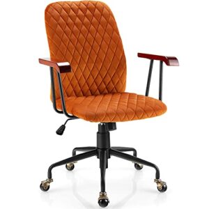 costway orange velvet office chair, upholstered home leisure chair with rubber wood armrests & 5-claw metal base, vintage mid-back computer desk chair for adult, home, office, study