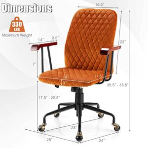 COSTWAY Orange Velvet Office Chair, Upholstered Home Leisure Chair with Rubber Wood Armrests & 5-Claw Metal Base, Vintage Mid-Back Computer Desk Chair for Adult, Home, Office, Study