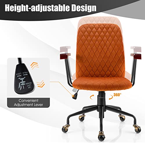 COSTWAY Orange Velvet Office Chair, Upholstered Home Leisure Chair with Rubber Wood Armrests & 5-Claw Metal Base, Vintage Mid-Back Computer Desk Chair for Adult, Home, Office, Study