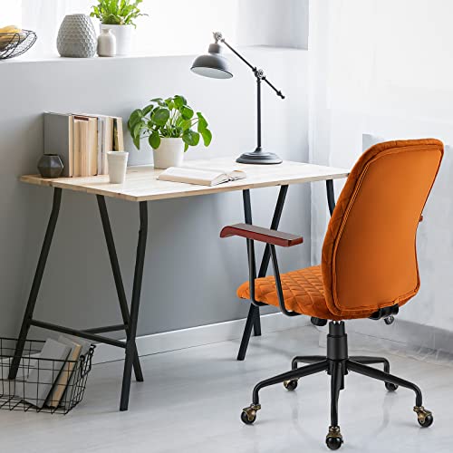 COSTWAY Orange Velvet Office Chair, Upholstered Home Leisure Chair with Rubber Wood Armrests & 5-Claw Metal Base, Vintage Mid-Back Computer Desk Chair for Adult, Home, Office, Study