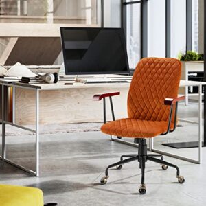 COSTWAY Orange Velvet Office Chair, Upholstered Home Leisure Chair with Rubber Wood Armrests & 5-Claw Metal Base, Vintage Mid-Back Computer Desk Chair for Adult, Home, Office, Study