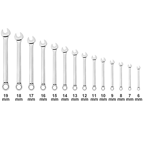 Max Torque 14-Piece Premium Metric Combination Wrench Set in Rack, No Skipped Metric Size 6mm to 19mm | Longer Wrench Body Design, Chrome Vanadium Steel, Mirror Chrome Finish, Unique V-Groove Open End