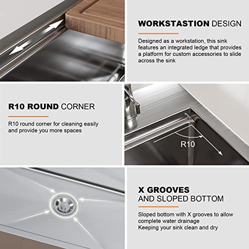 HOROW 33 inch Drop In Workstation Kitchen Sink, 18 Gauge Topmount Drop In Sink for Kitchen, sus 304 Stainless Steel Sink with 2 holes, Deep Single Bowl Kitchen Sink with Accessories, 33"x22"x10"