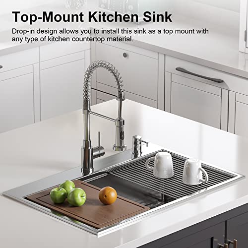 HOROW 33 inch Drop In Workstation Kitchen Sink, 18 Gauge Topmount Drop In Sink for Kitchen, sus 304 Stainless Steel Sink with 2 holes, Deep Single Bowl Kitchen Sink with Accessories, 33"x22"x10"