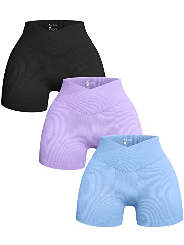 OQQ Women's 3 Piece Yoga Ribbed Seamless Workout High Waist Cross Over Athletic Legging Shorts, Black Lavender Candyblue, Large