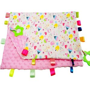 pink lovey babies tags blanket girl newborn soft baby security blanket taggy sensory blanket large size for infant toddler, 21 * 18 inch