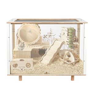 cawuwe wooden hamster cage large for small animal habitat for rabbits guinea pigs chinchillas syrian hamsters home with acrylic transparent board oblique opening hamster play house