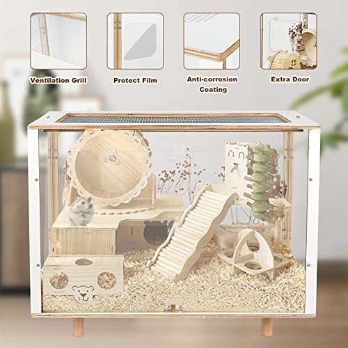 Cawuwe Wooden Hamster Cage Large for Small Animal Habitat for Rabbits Guinea Pigs Chinchillas Syrian Hamsters Home with Acrylic Transparent Board Oblique Opening Hamster Play House