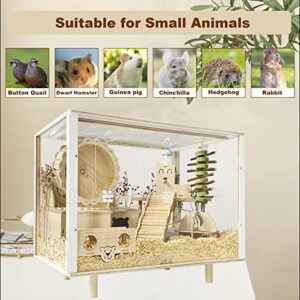 Cawuwe Wooden Hamster Cage Large for Small Animal Habitat for Rabbits Guinea Pigs Chinchillas Syrian Hamsters Home with Acrylic Transparent Board Oblique Opening Hamster Play House