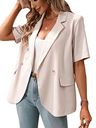 SweatyRocks Women's Casual Lapel Neck Pocket Blazer Short Sleeve Button Down Work Office Blazer Jacket Apricot S