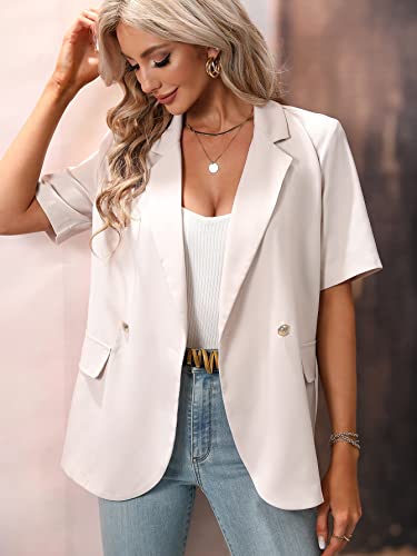 SweatyRocks Women's Casual Lapel Neck Pocket Blazer Short Sleeve Button Down Work Office Blazer Jacket Apricot S