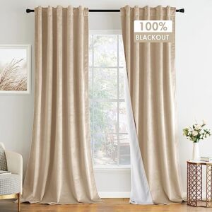 miulee 100% blackout velvet curtains 96 inches long 2 panels, beige black out window drapes for bedroom living room back tab rod pocket full room darkening thermal insulated noise reducing curtains